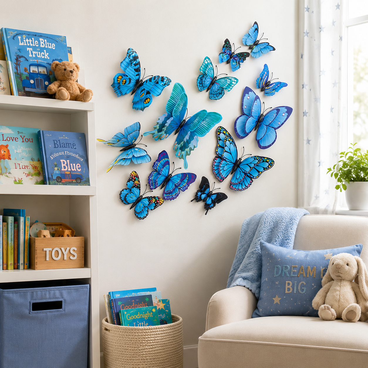 3D Blue Decorative Wall Butterflies – Set of 12, Double-Layer Realistic Design