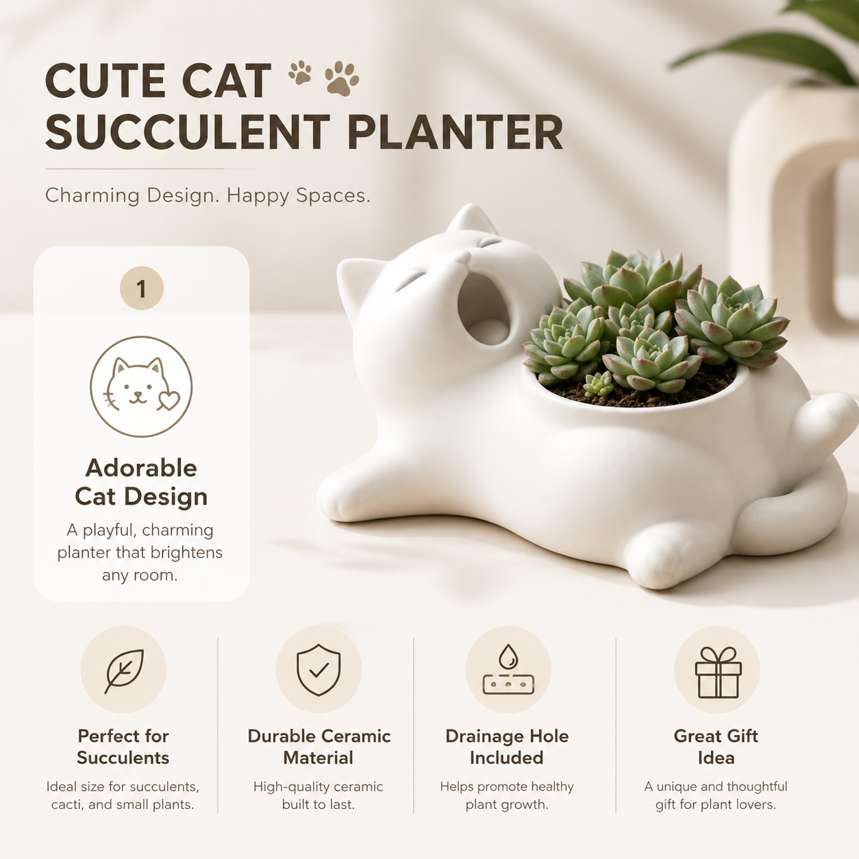 Cute Cat Shaped Succulent Planter – Whimsical Desktop Plant Pot