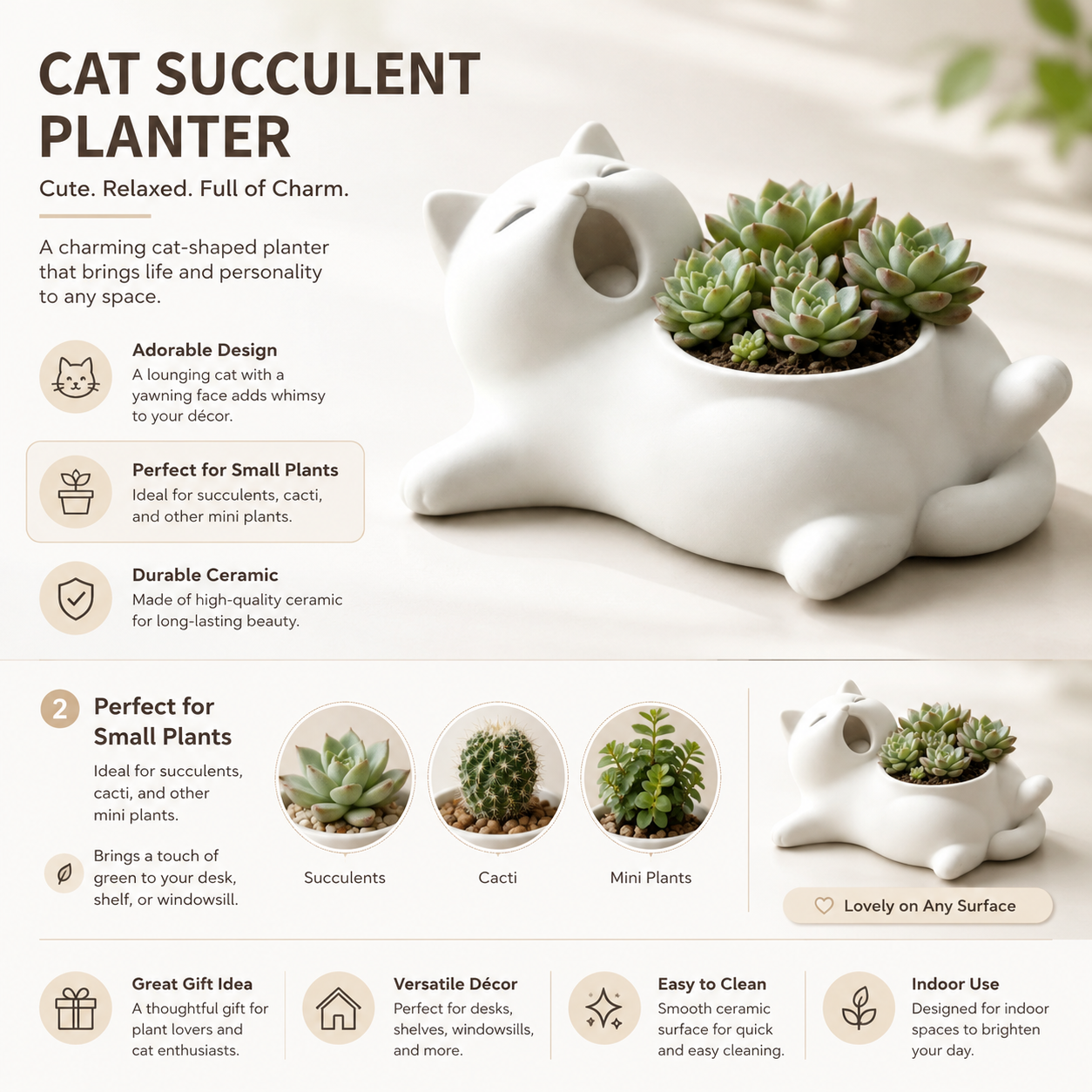 Cute Cat Shaped Succulent Planter – Whimsical Desktop Plant Pot