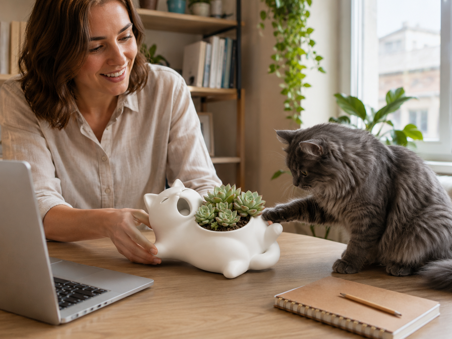 Cute Cat Shaped Succulent Planter – Whimsical Desktop Plant Pot