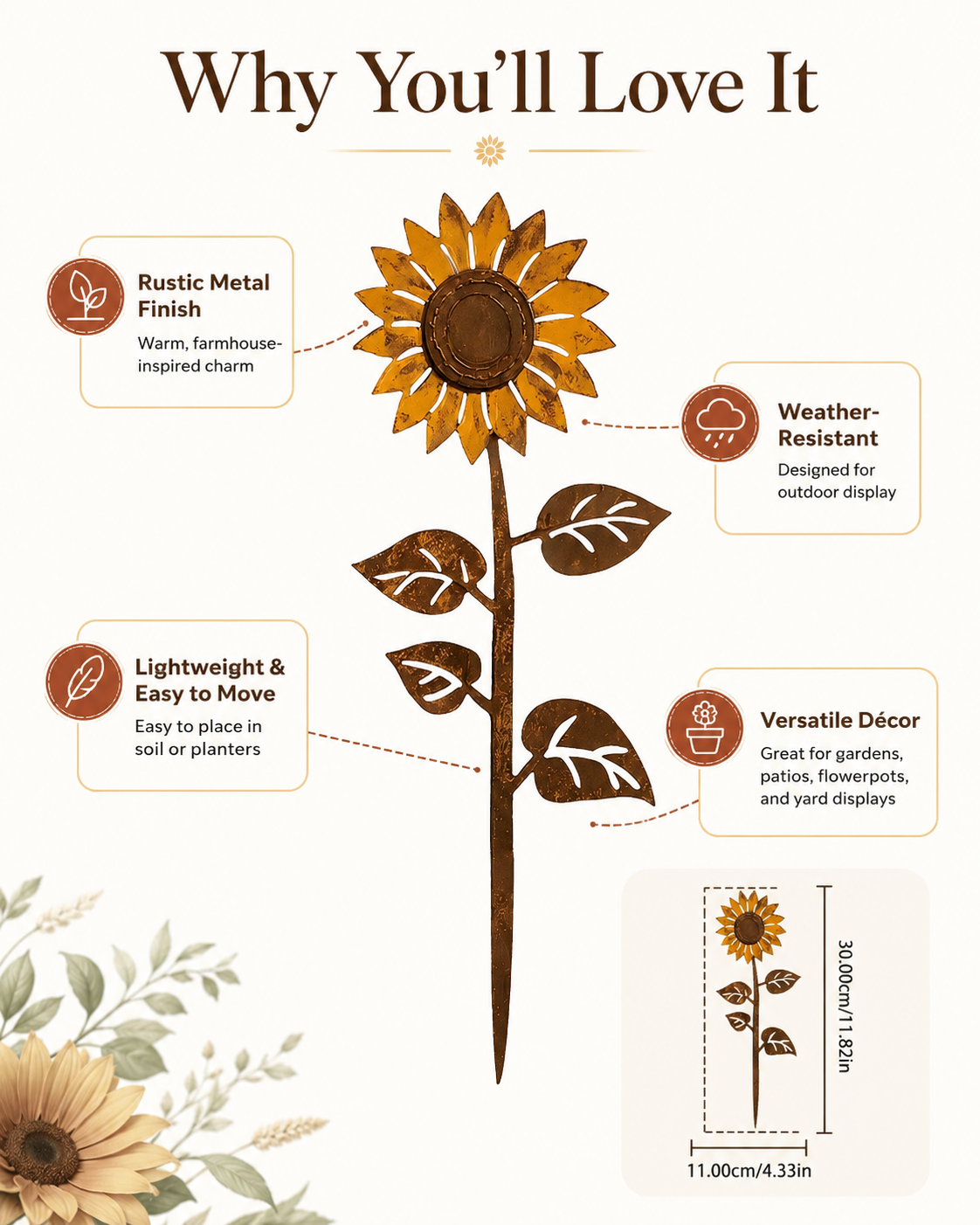 Sunflower Garden Stake – Rustic Metal Outdoor Decor for Your Garden, Yard, or Patio