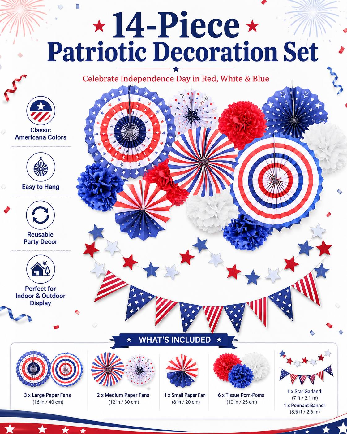 14-Piece Patriotic Independence Day Decoration Set – Red White & Blue Stars