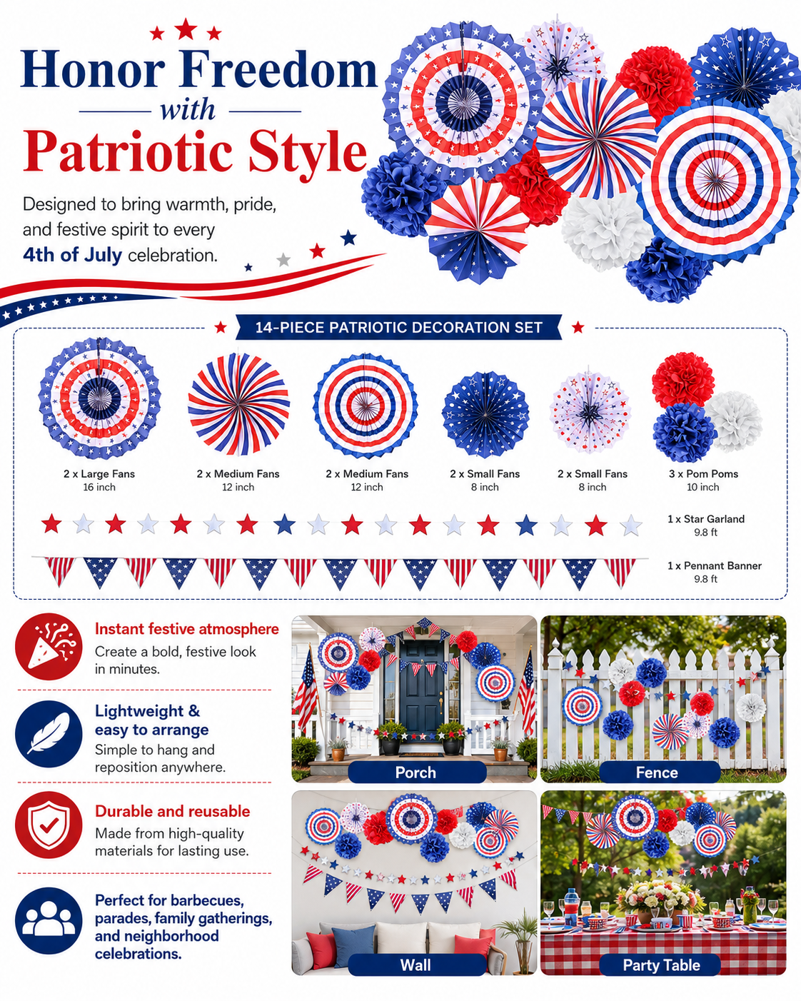14-Piece Patriotic Independence Day Decoration Set – Red White & Blue Stars