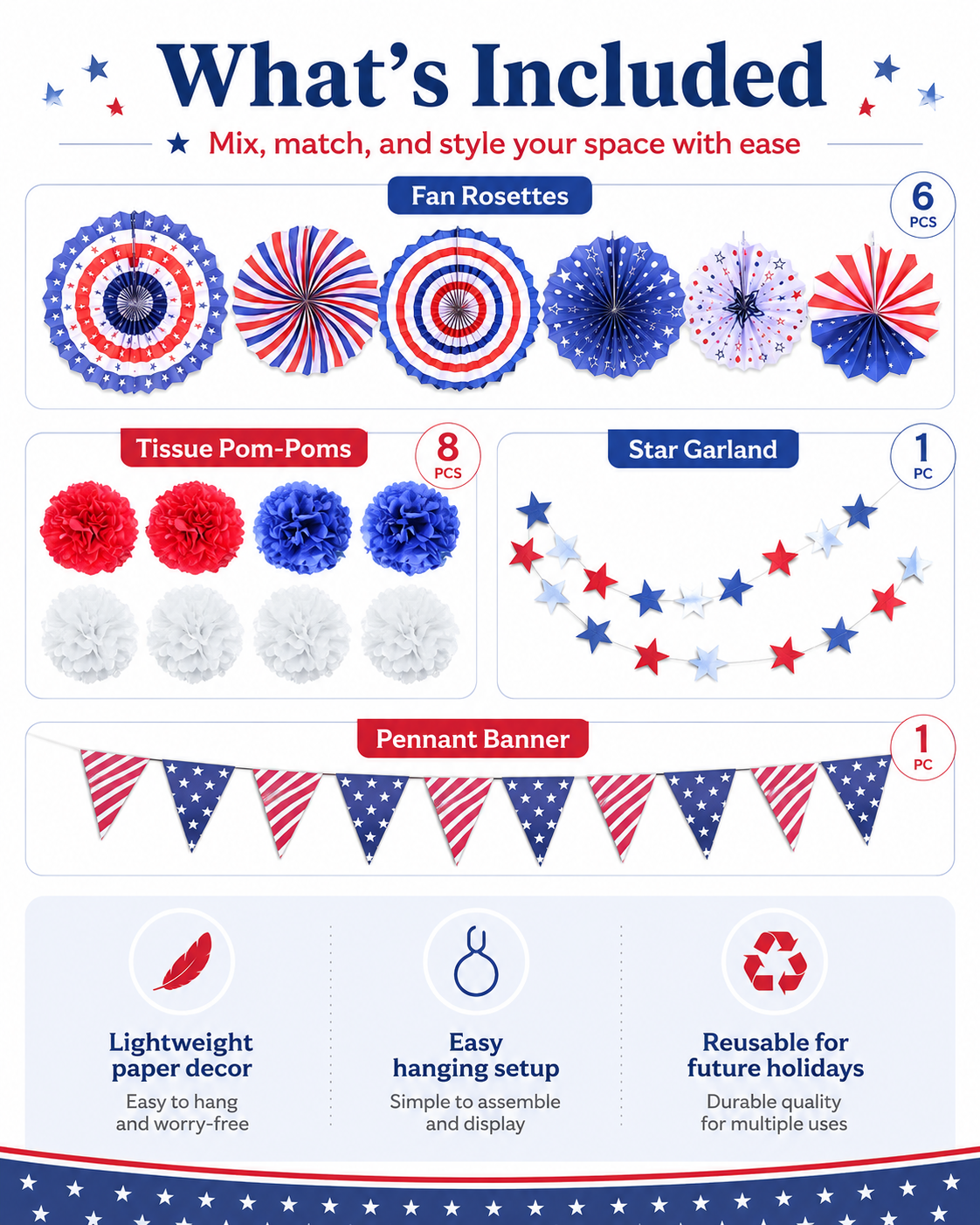 14-Piece Patriotic Independence Day Decoration Set – Red White & Blue Stars