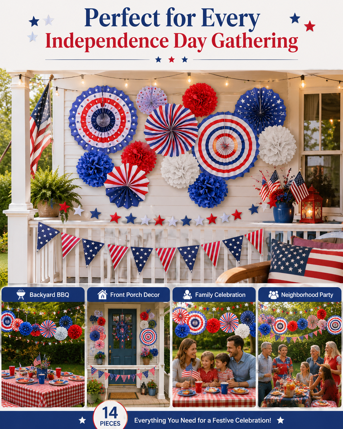 14-Piece Patriotic Independence Day Decoration Set – Red White & Blue Stars