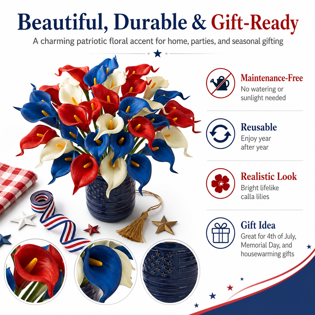 14pcs Patriotic Calla Lily Floral Arrangement – Red, White & Blue Decorative Bouquet