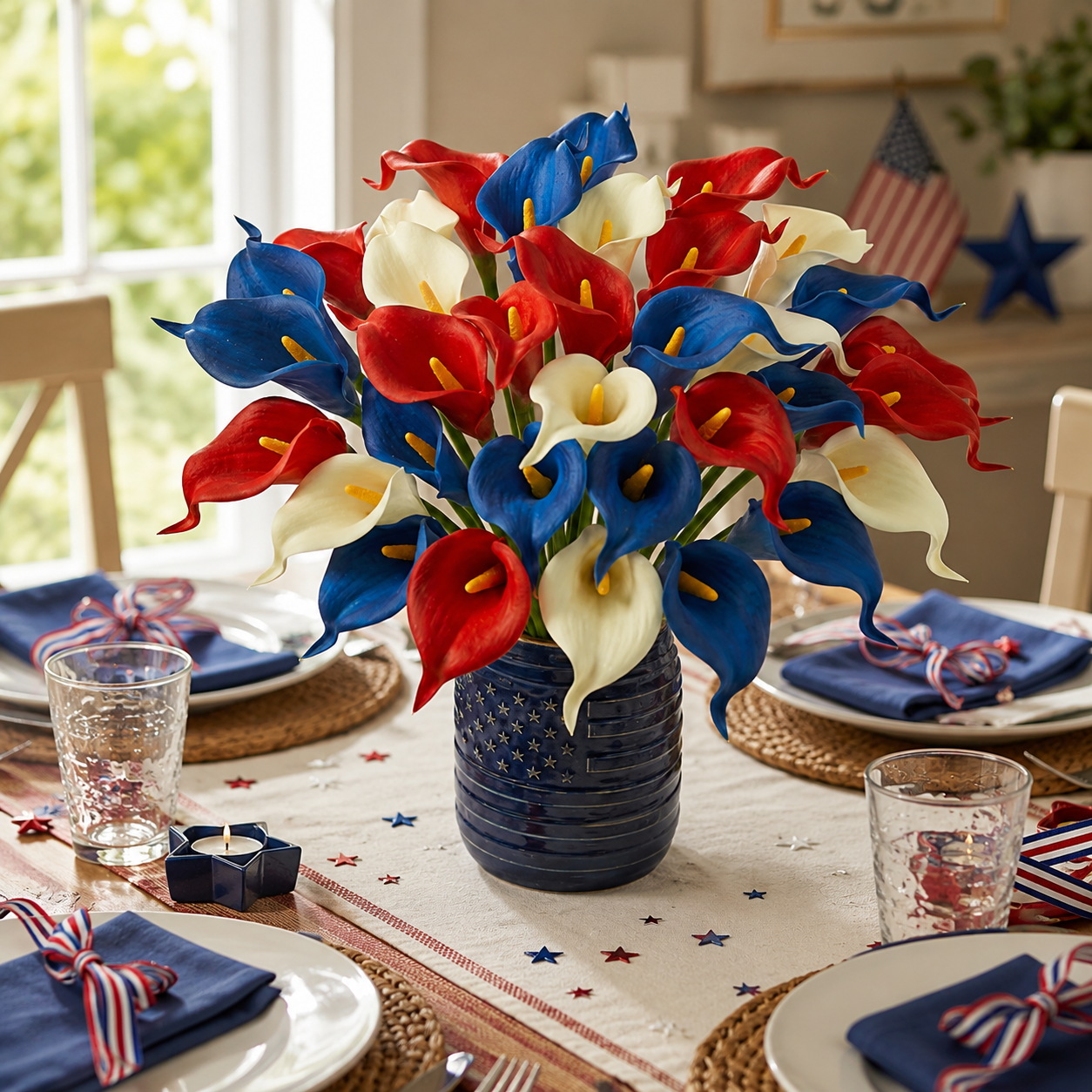 14pcs Patriotic Calla Lily Floral Arrangement – Red, White & Blue Decorative Bouquet