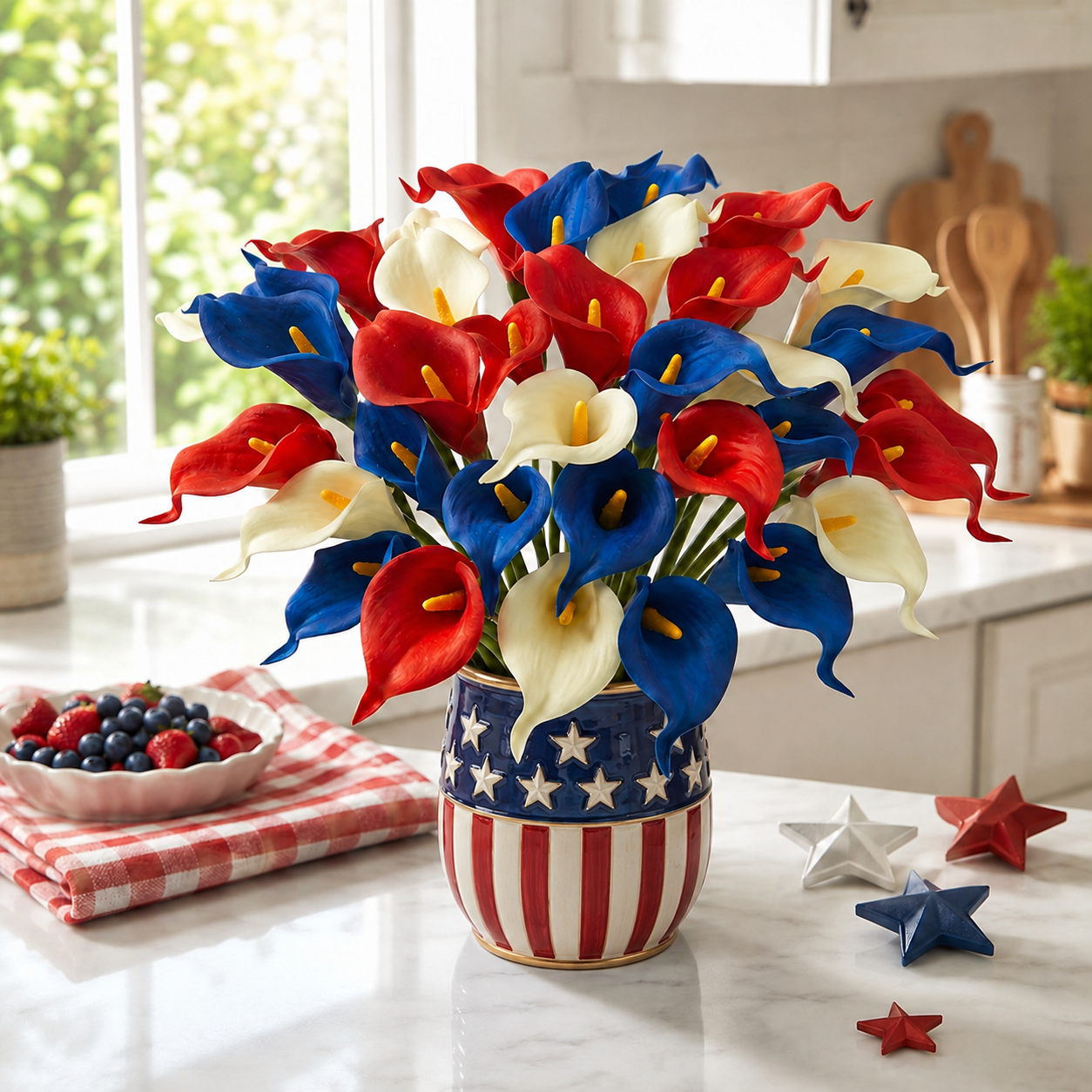 14pcs Patriotic Calla Lily Floral Arrangement – Red, White & Blue Decorative Bouquet
