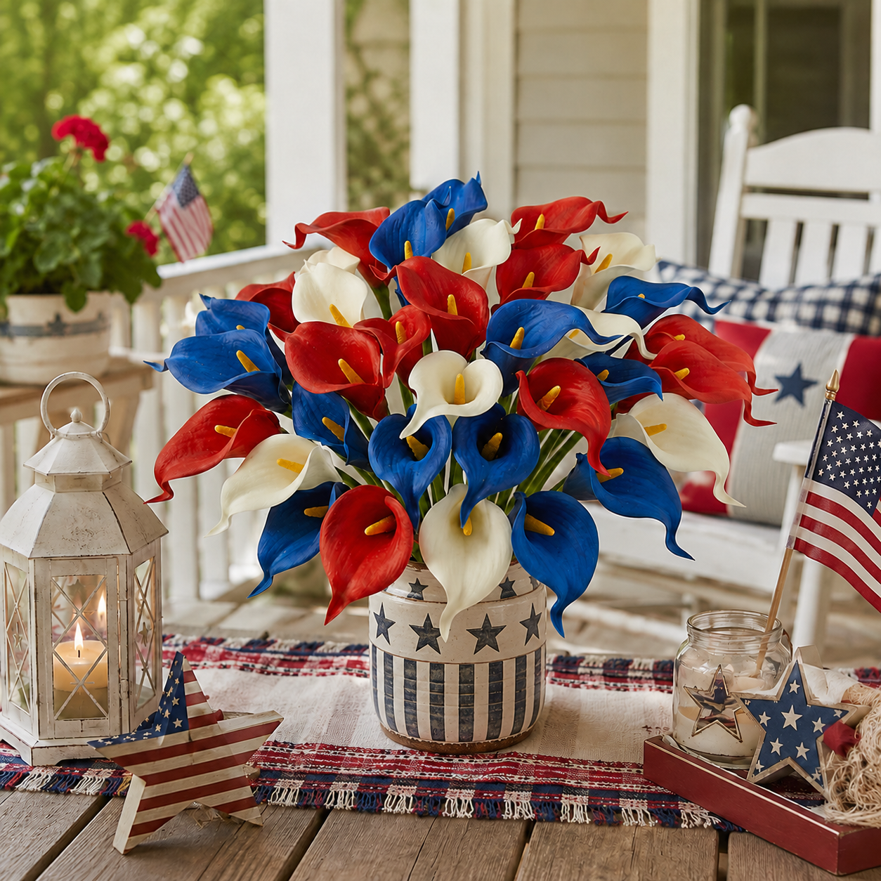 14pcs Patriotic Calla Lily Floral Arrangement – Red, White & Blue Decorative Bouquet
