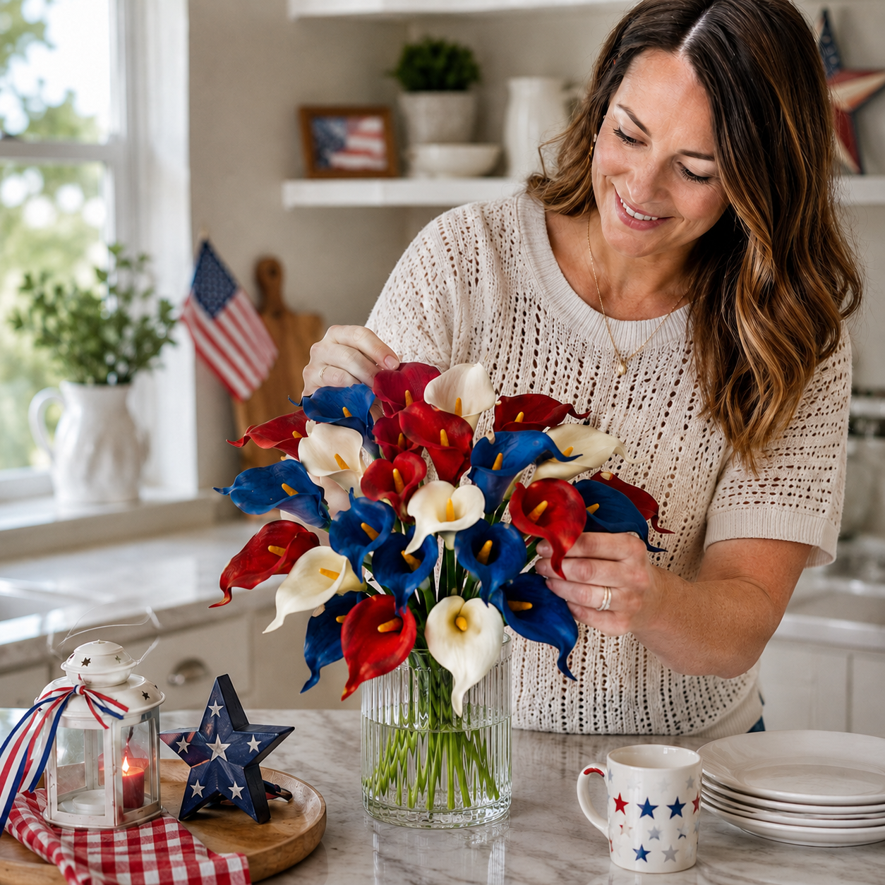 14pcs Patriotic Calla Lily Floral Arrangement – Red, White & Blue Decorative Bouquet