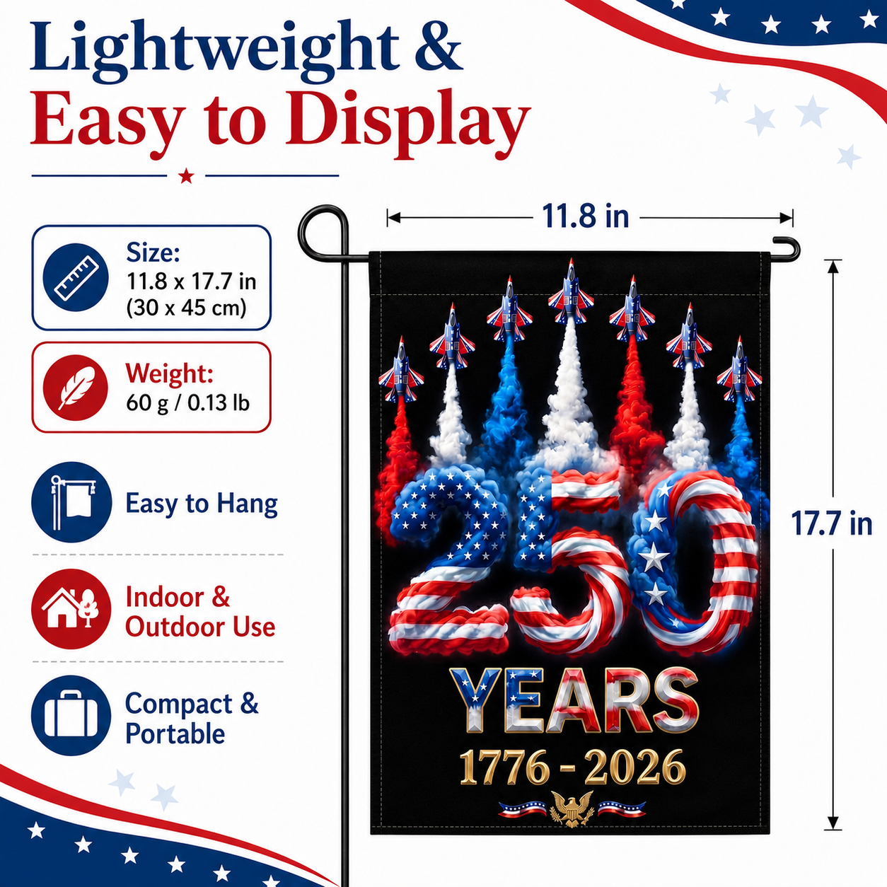 4th of July Patriotic Garden Flag – 250th Anniversary USA Celebration 1776-2026