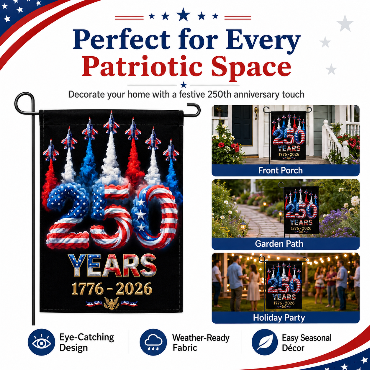 4th of July Patriotic Garden Flag – 250th Anniversary USA Celebration 1776-2026