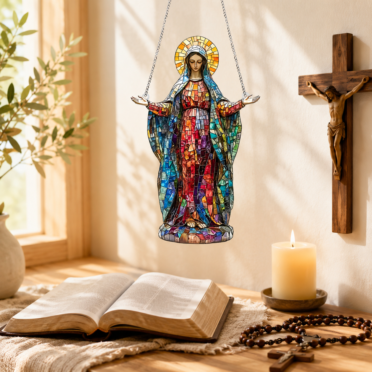 Stained Glass Style Virgin Mary Hanging Ornament