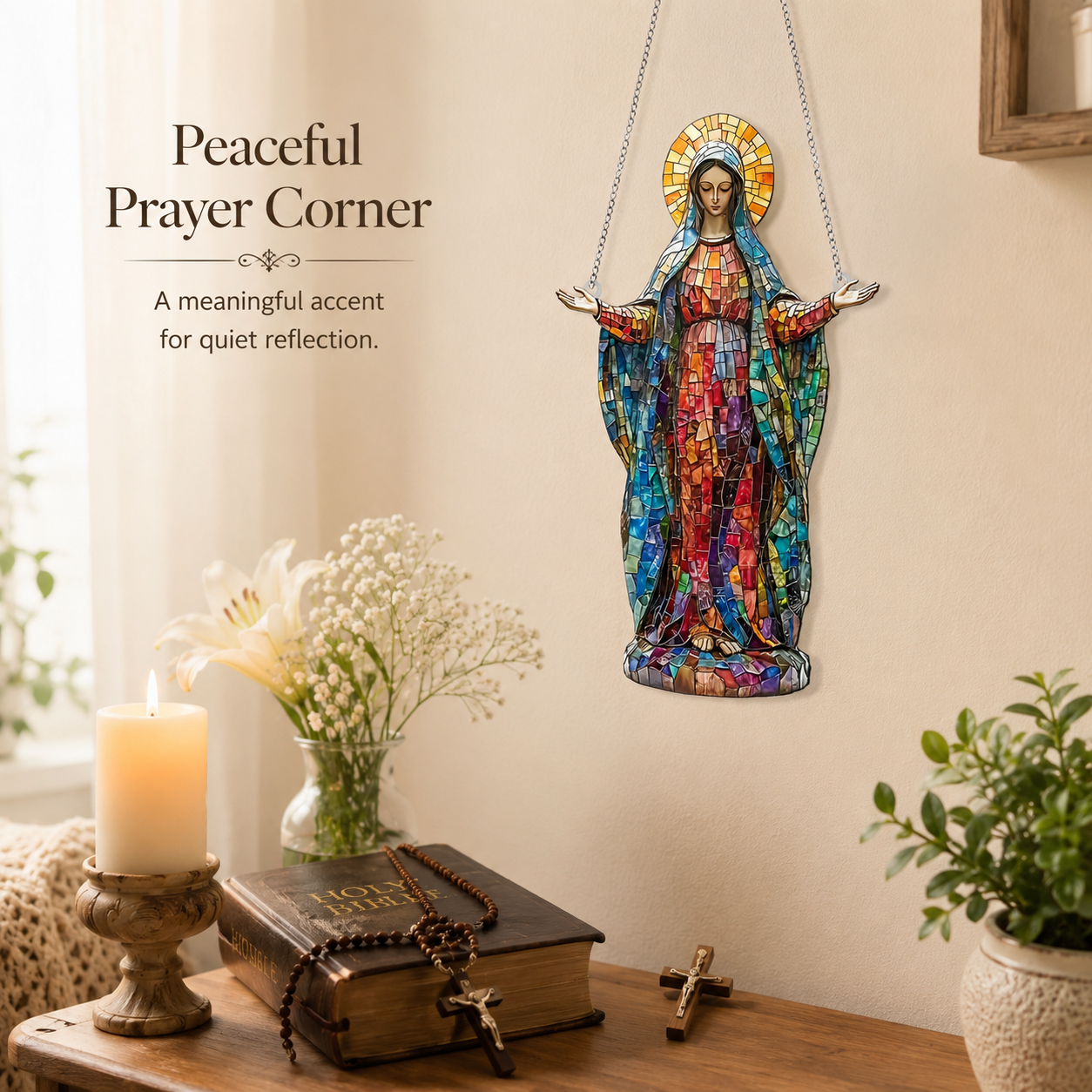Stained Glass Style Virgin Mary Hanging Ornament