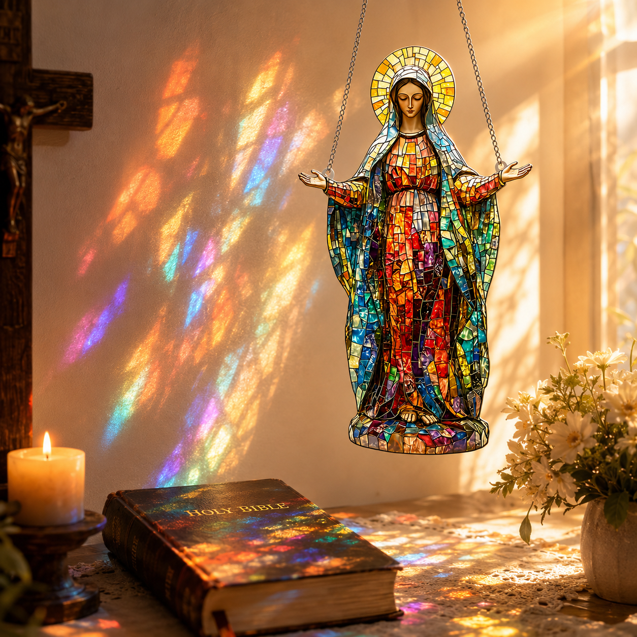 Stained Glass Style Virgin Mary Hanging Ornament