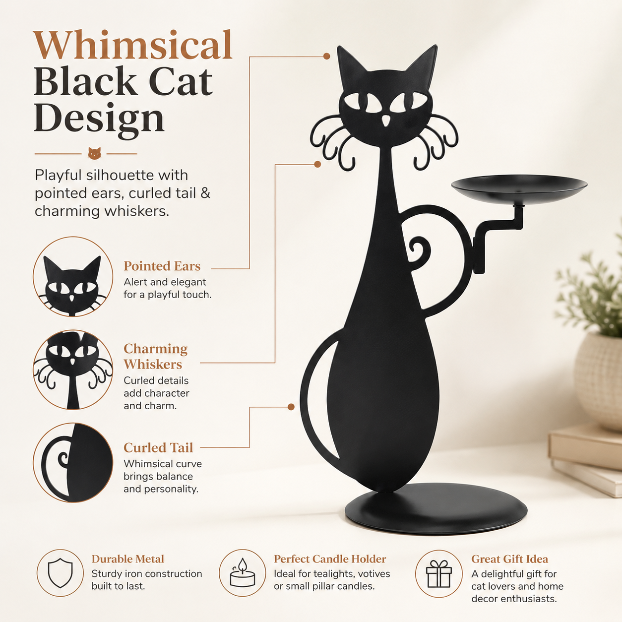 Black Cat Metal Candle Holder Decorative Stand