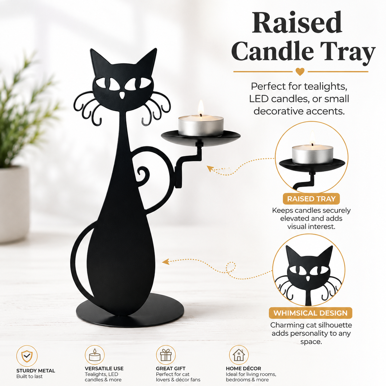 Black Cat Metal Candle Holder Decorative Stand