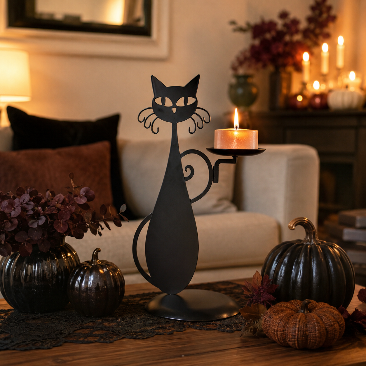 Black Cat Metal Candle Holder Decorative Stand