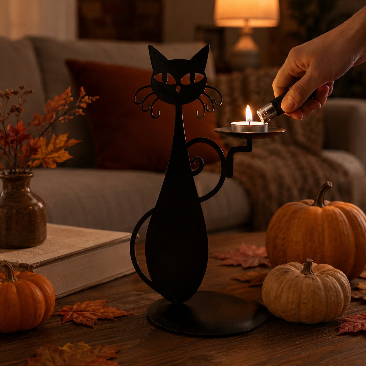 Black Cat Metal Candle Holder Decorative Stand