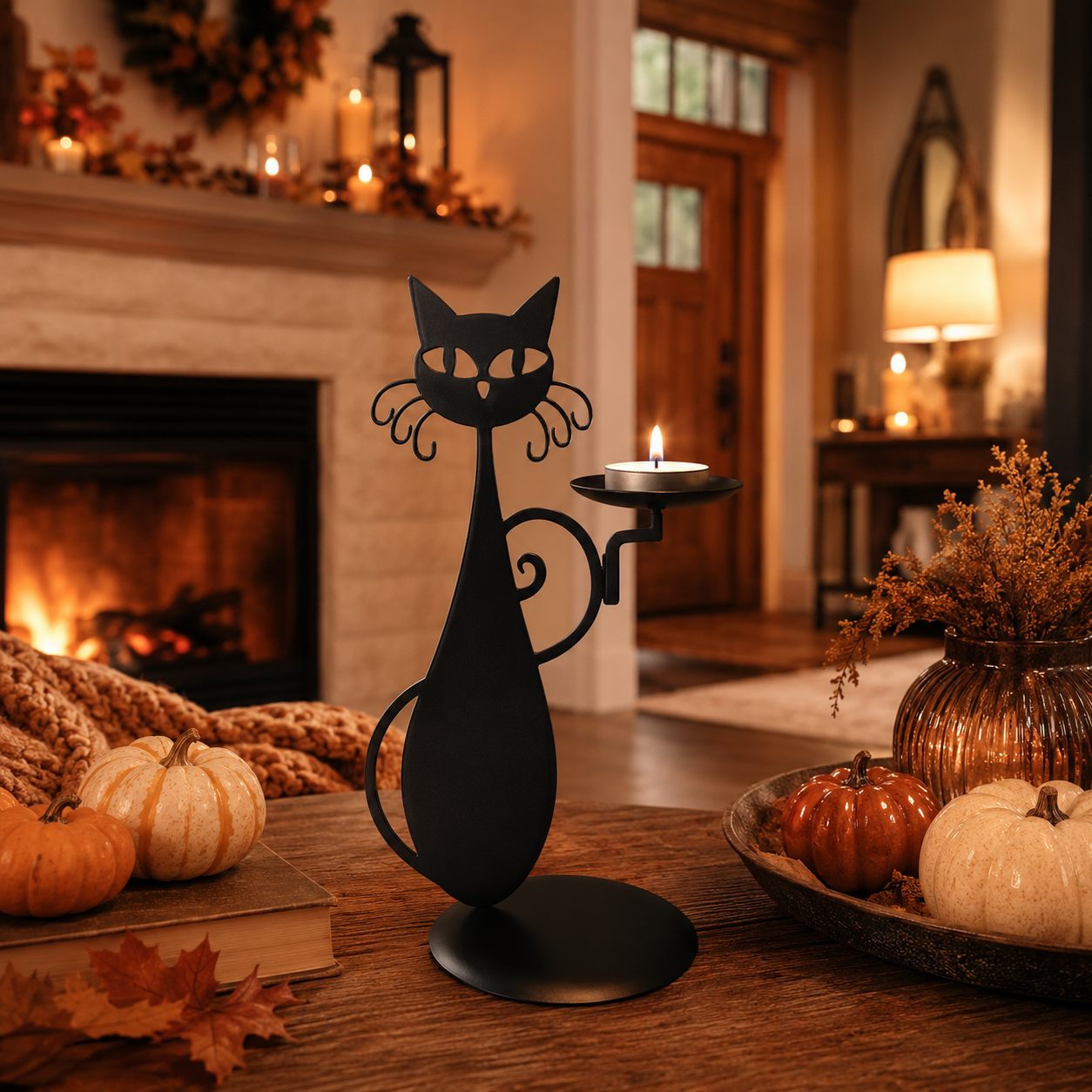 Black Cat Metal Candle Holder Decorative Stand