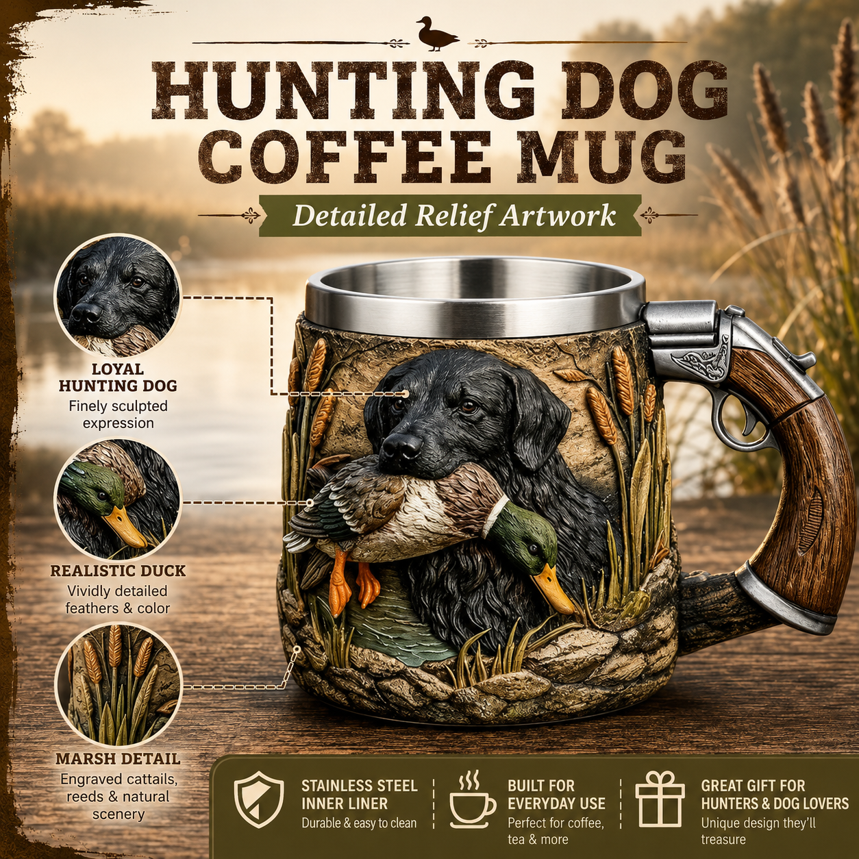 Hunting Dog Coffee Mug with Rifle Handle