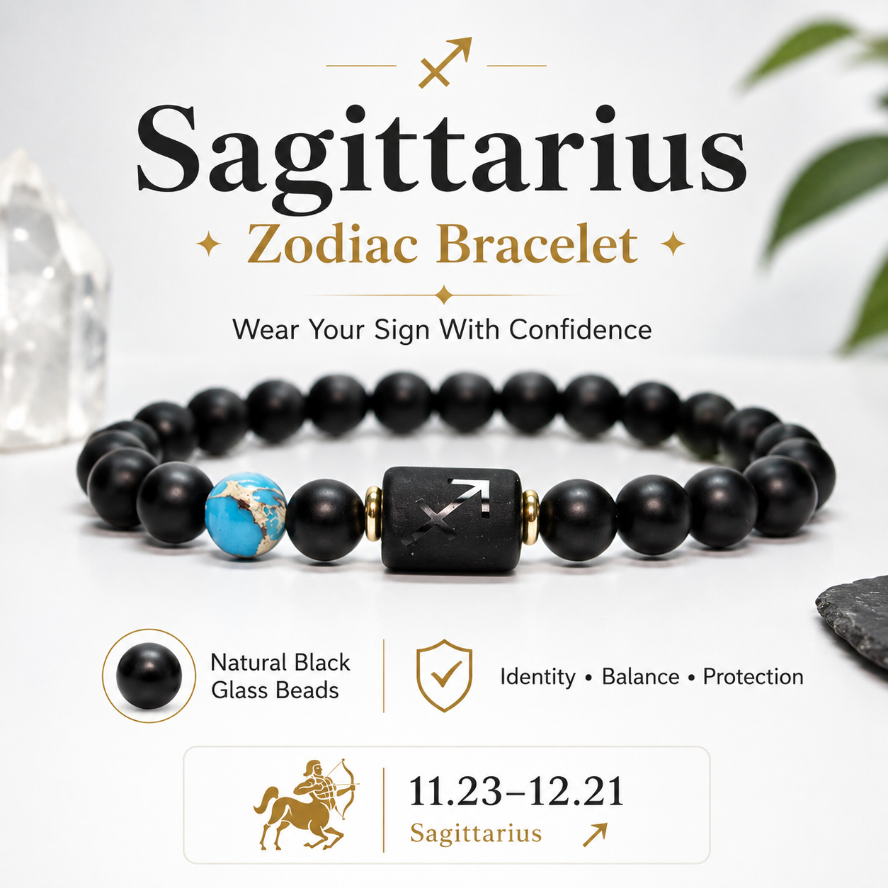 12 Zodiac Natural Black Glass Beaded Bracelet