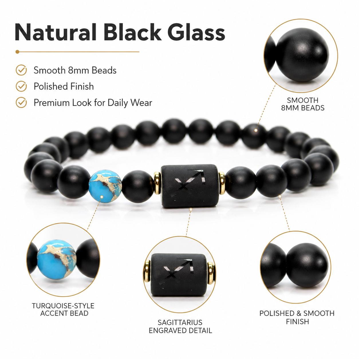 12 Zodiac Natural Black Glass Beaded Bracelet