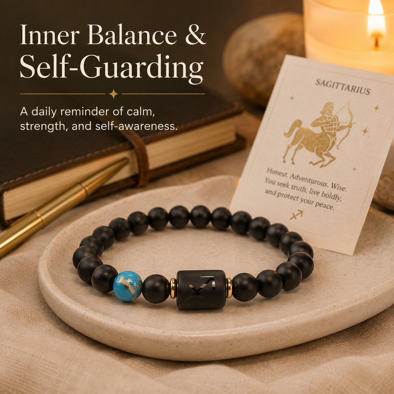 12 Zodiac Natural Black Glass Beaded Bracelet