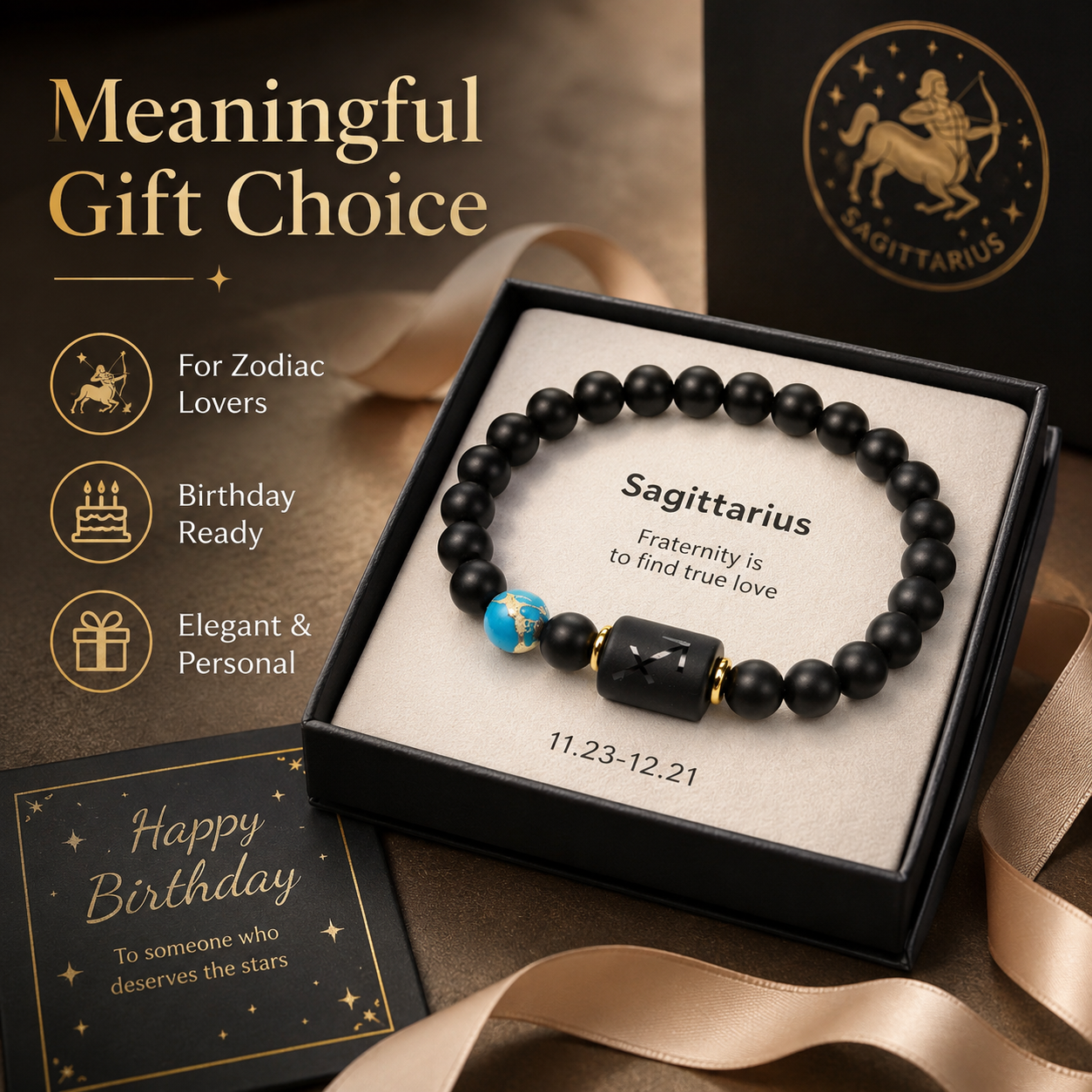 12 Zodiac Natural Black Glass Beaded Bracelet