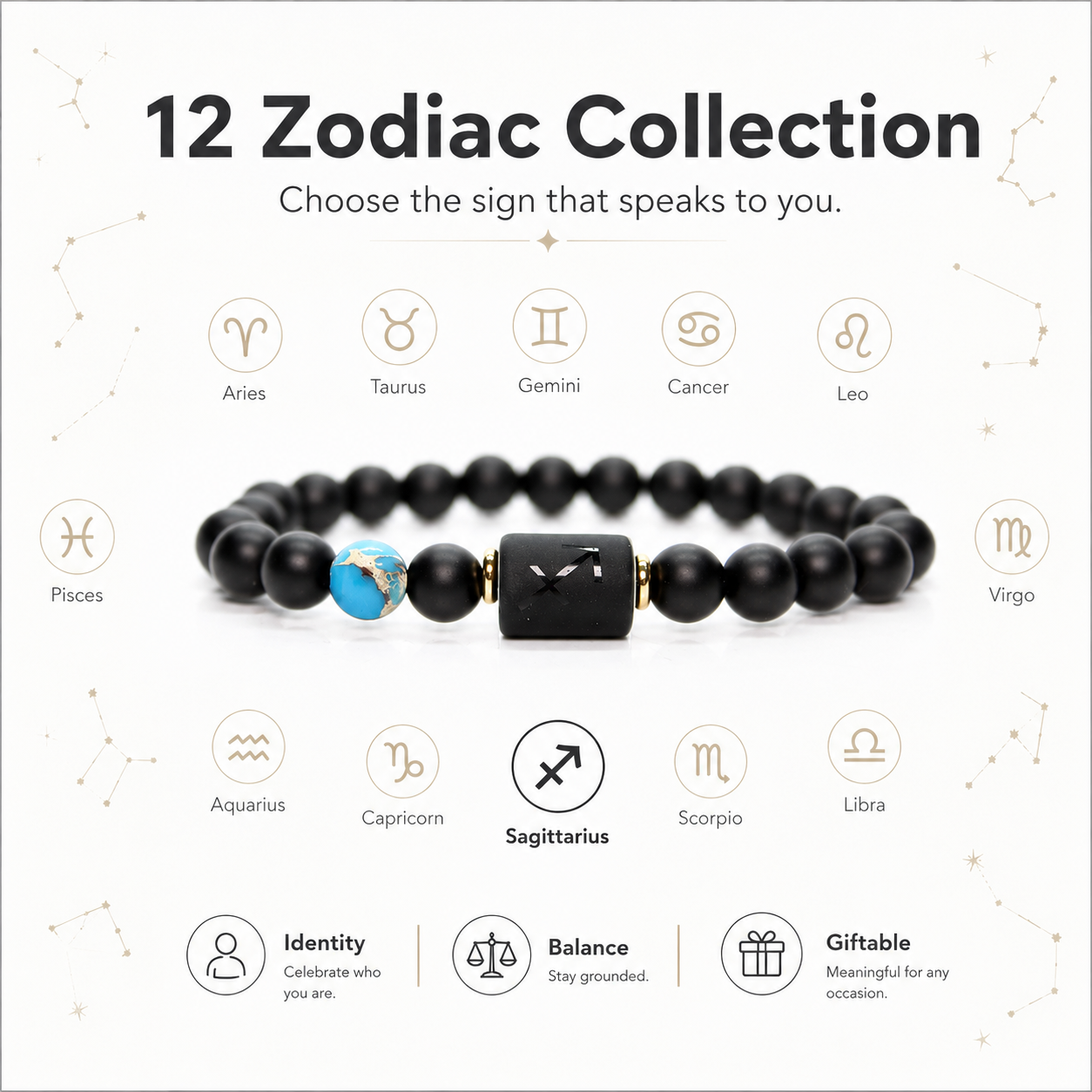 12 Zodiac Natural Black Glass Beaded Bracelet