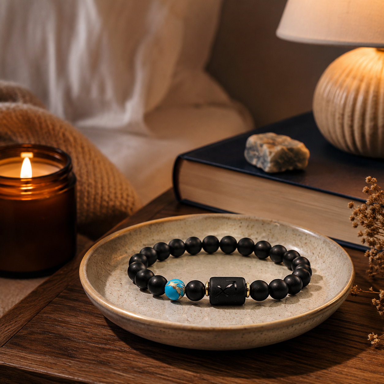 12 Zodiac Natural Black Glass Beaded Bracelet