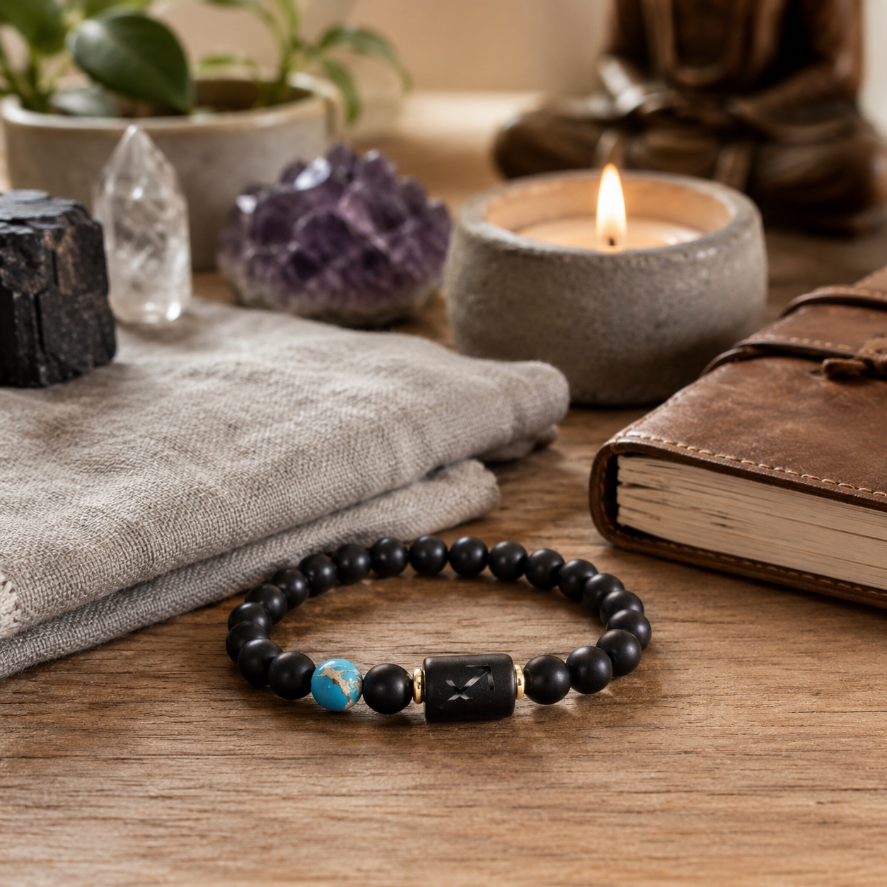 12 Zodiac Natural Black Glass Beaded Bracelet