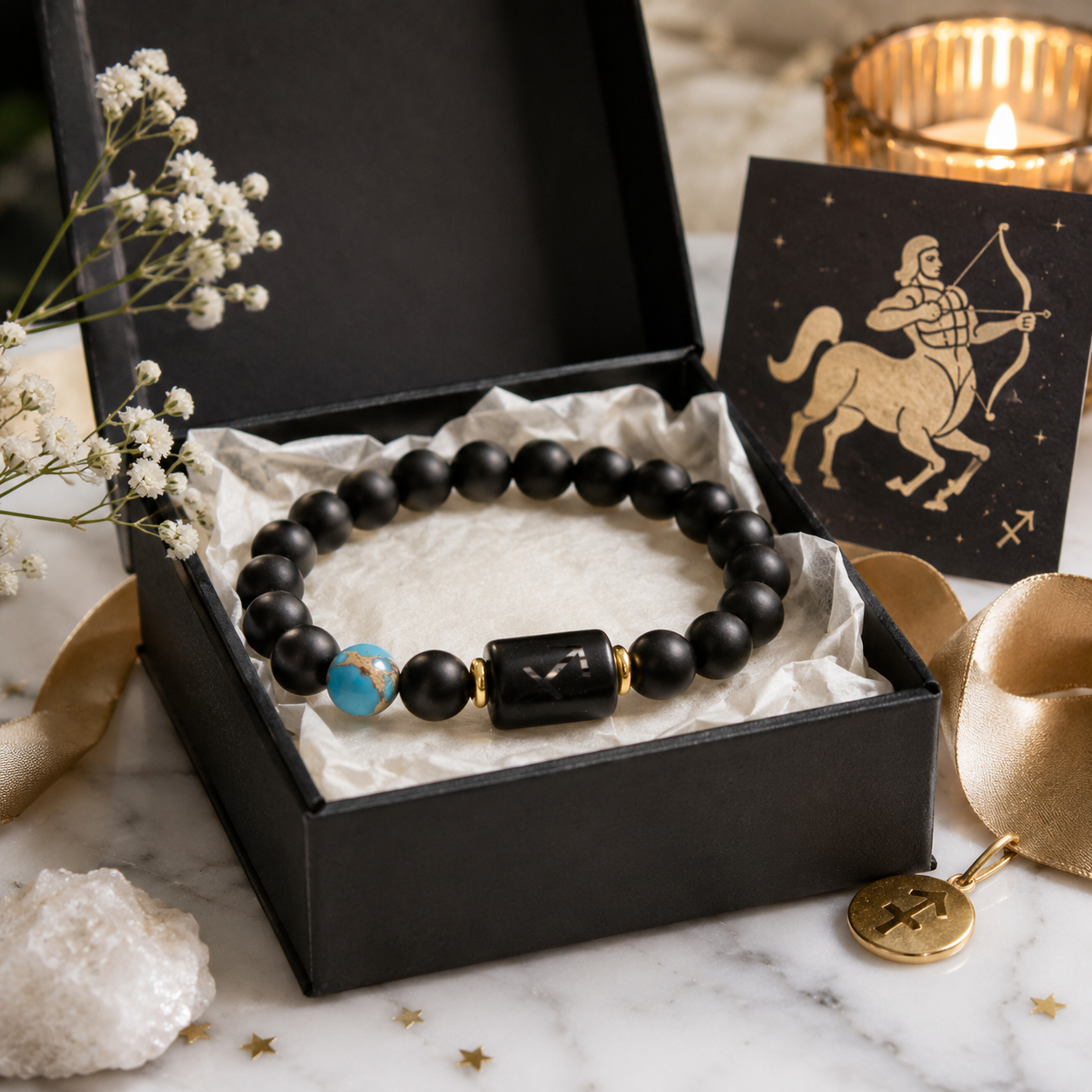 12 Zodiac Natural Black Glass Beaded Bracelet