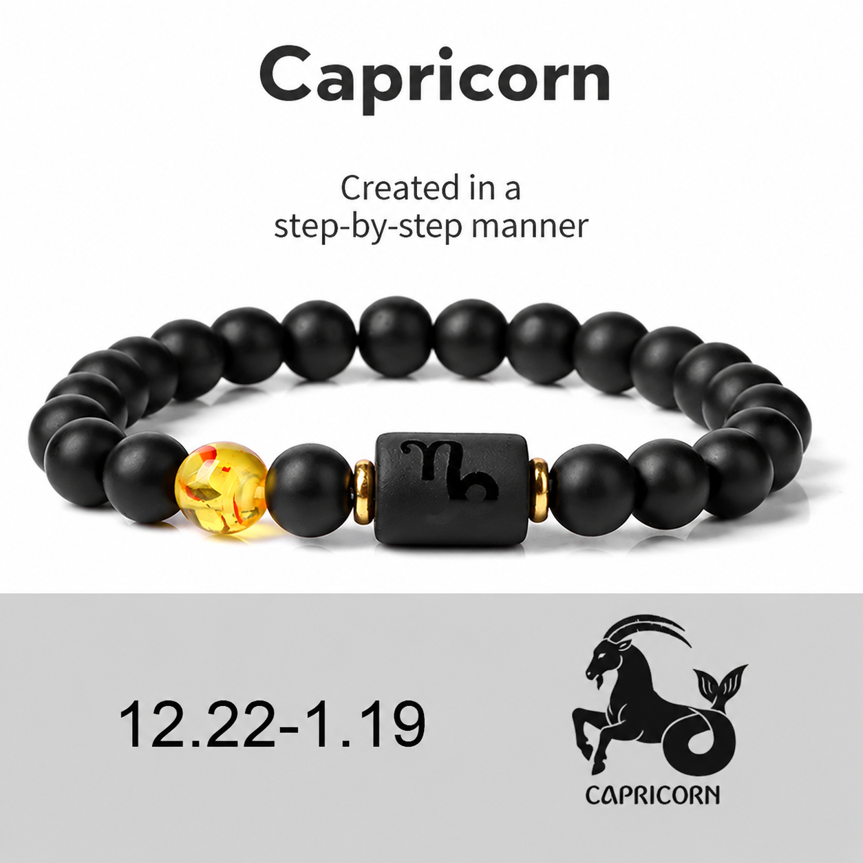 12 Zodiac Natural Black Glass Beaded Bracelet