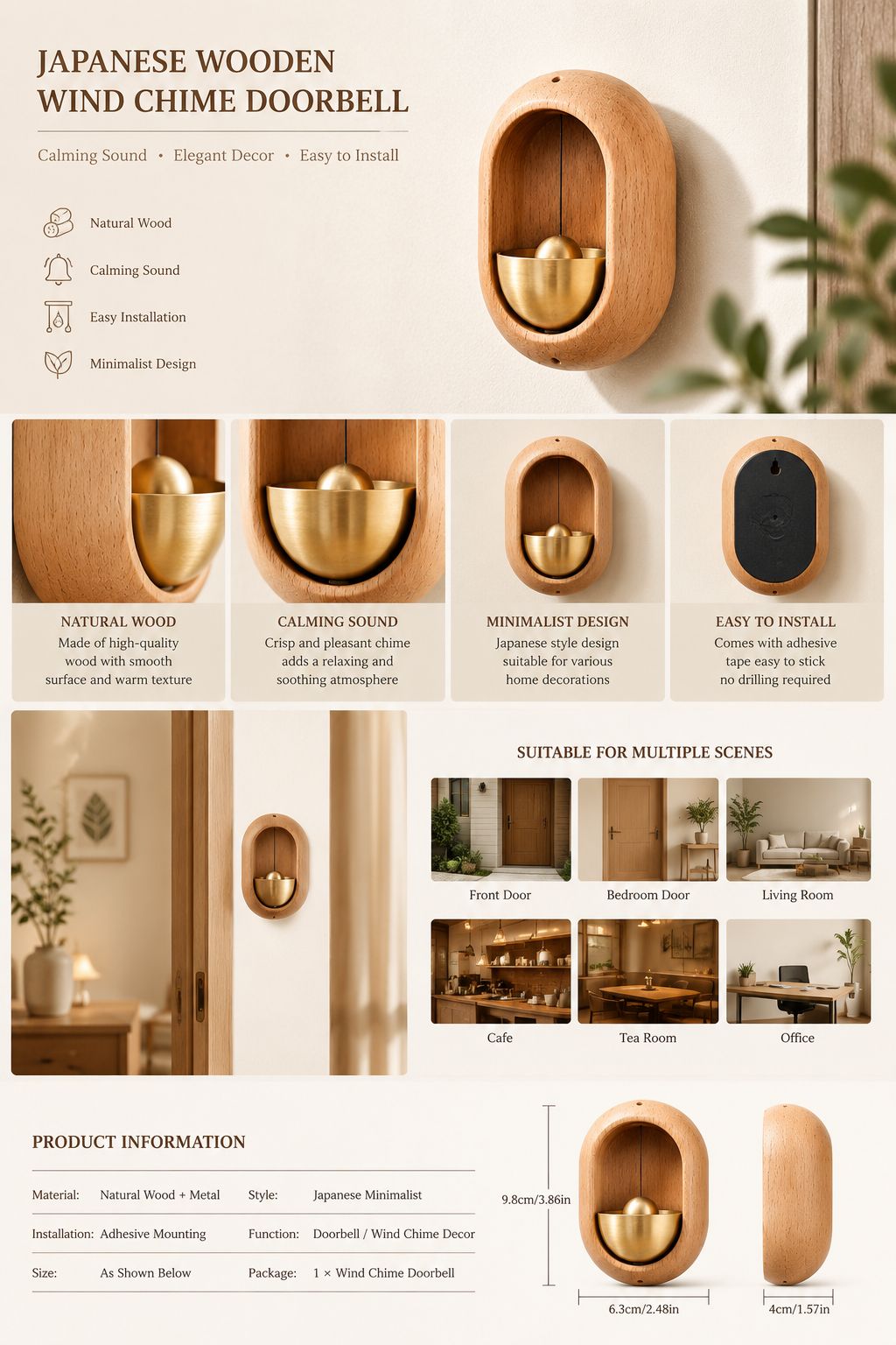 Japanese Wooden Wind Chime Doorbell Wireless Hanging Bell Calming Sound Entryway Decor for Home Door Decoration