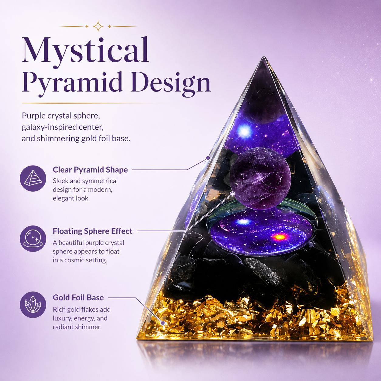 Purple Crystal Pyramid Decor, Resin Orgonite Style Pyramid with Gold Foil for Desk, Meditation Room & Home Decoration