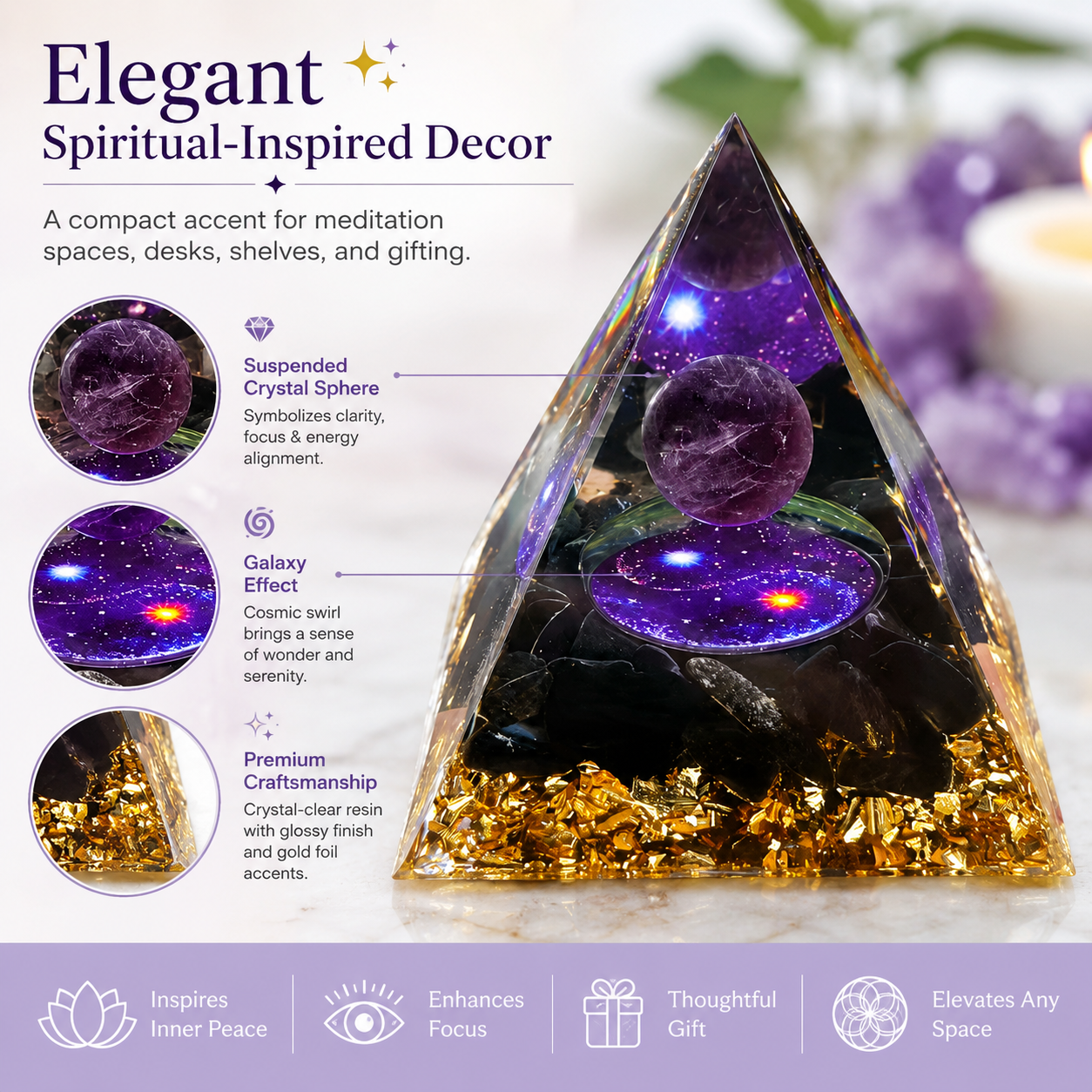 Purple Crystal Pyramid Decor, Resin Orgonite Style Pyramid with Gold Foil for Desk, Meditation Room & Home Decoration