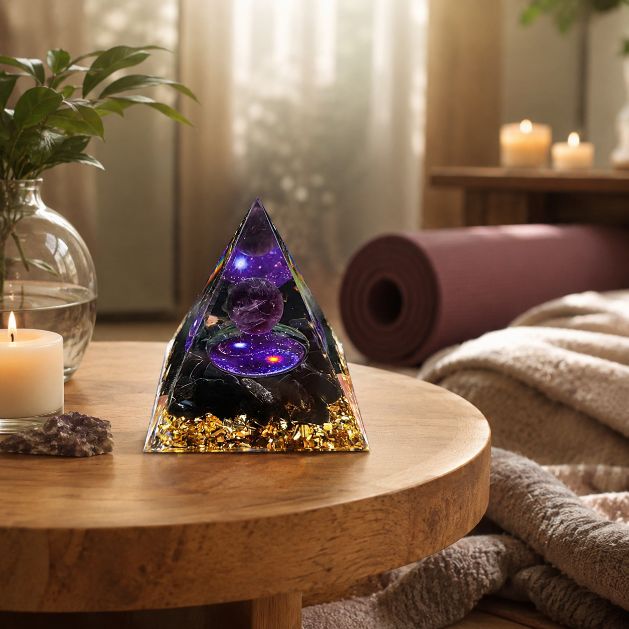 Purple Crystal Pyramid Decor, Resin Orgonite Style Pyramid with Gold Foil for Desk, Meditation Room & Home Decoration