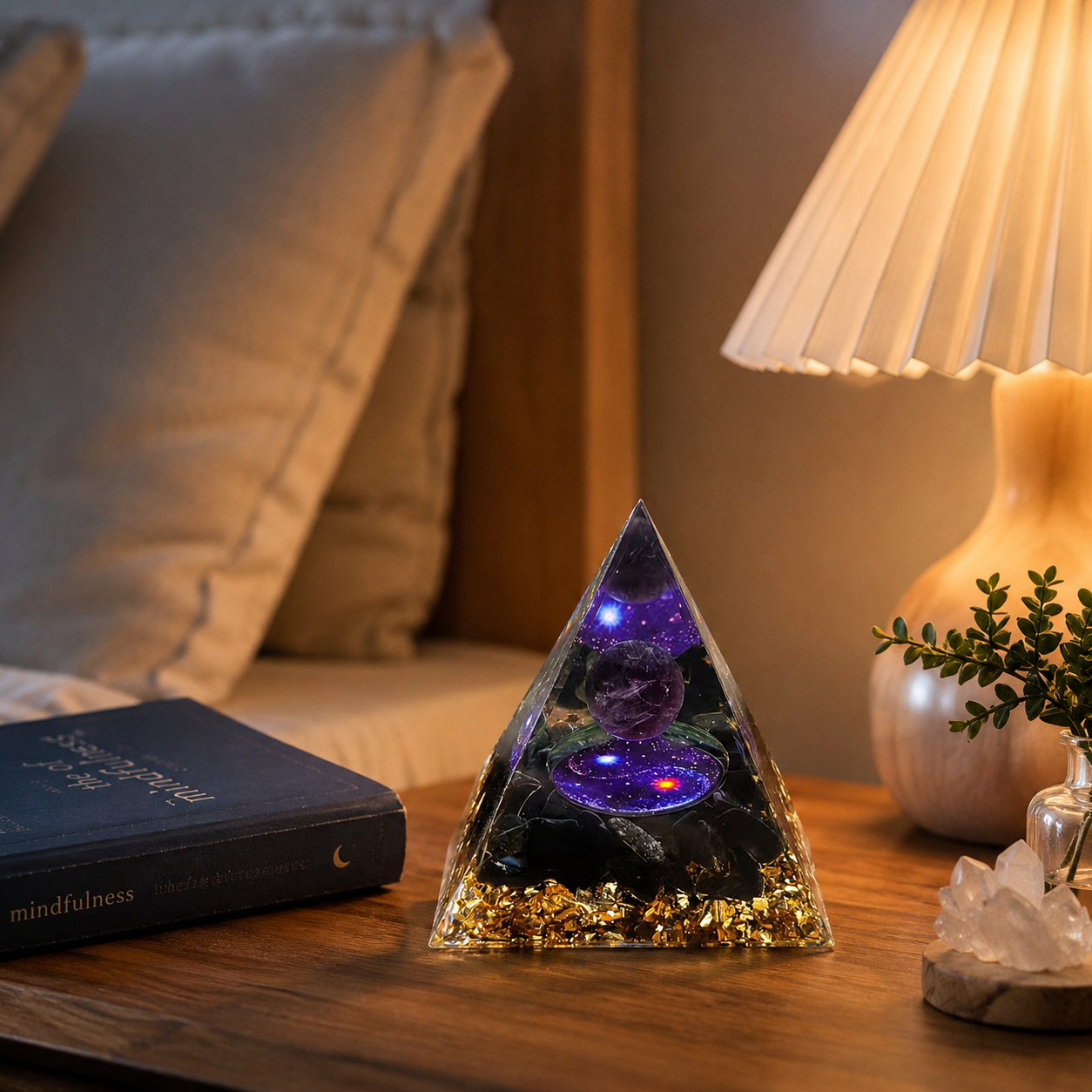 Purple Crystal Pyramid Decor, Resin Orgonite Style Pyramid with Gold Foil for Desk, Meditation Room & Home Decoration