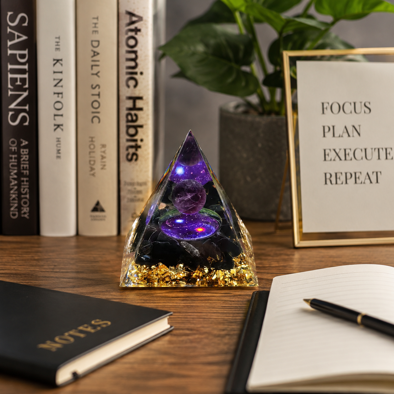 Purple Crystal Pyramid Decor, Resin Orgonite Style Pyramid with Gold Foil for Desk, Meditation Room & Home Decoration