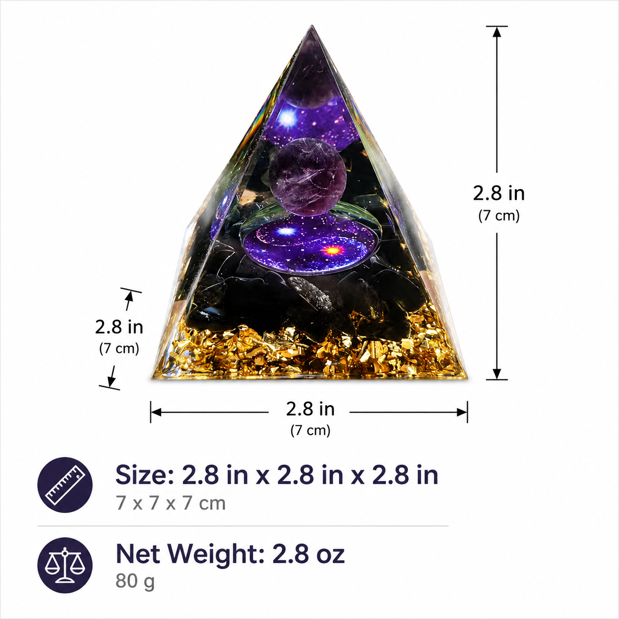 Purple Crystal Pyramid Decor, Resin Orgonite Style Pyramid with Gold Foil for Desk, Meditation Room & Home Decoration