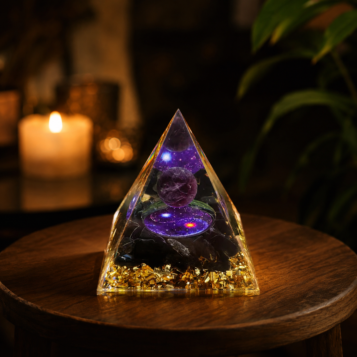 Purple Crystal Pyramid Decor, Resin Orgonite Style Pyramid with Gold Foil for Desk, Meditation Room & Home Decoration