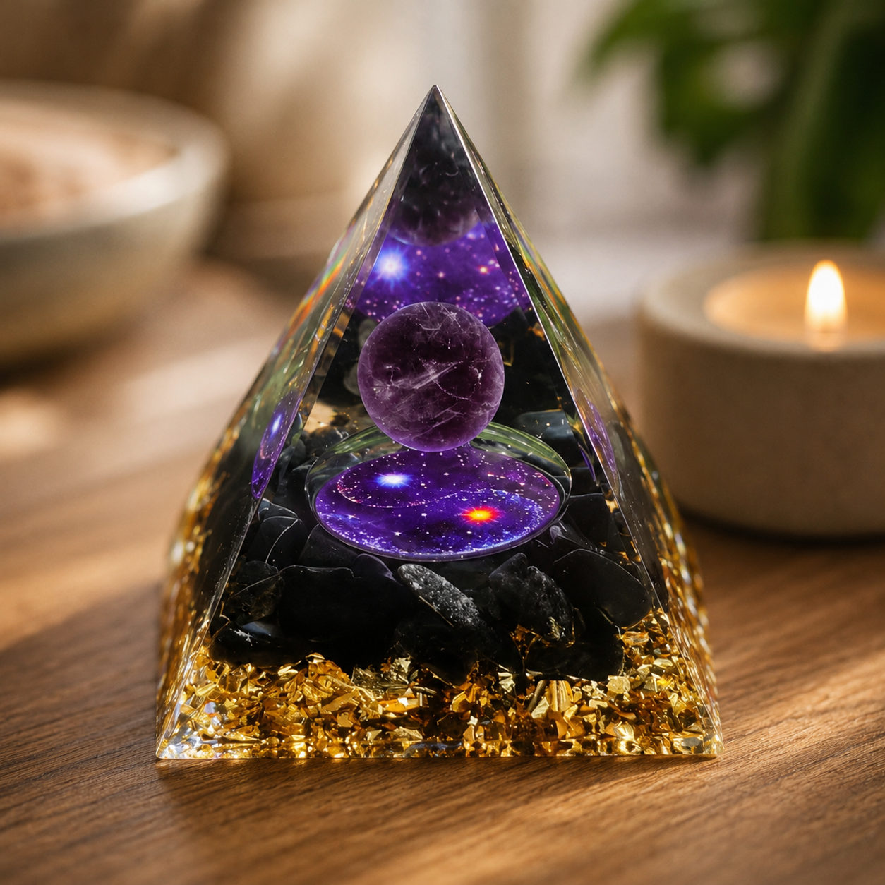 Purple Crystal Pyramid Decor, Resin Orgonite Style Pyramid with Gold Foil for Desk, Meditation Room & Home Decoration