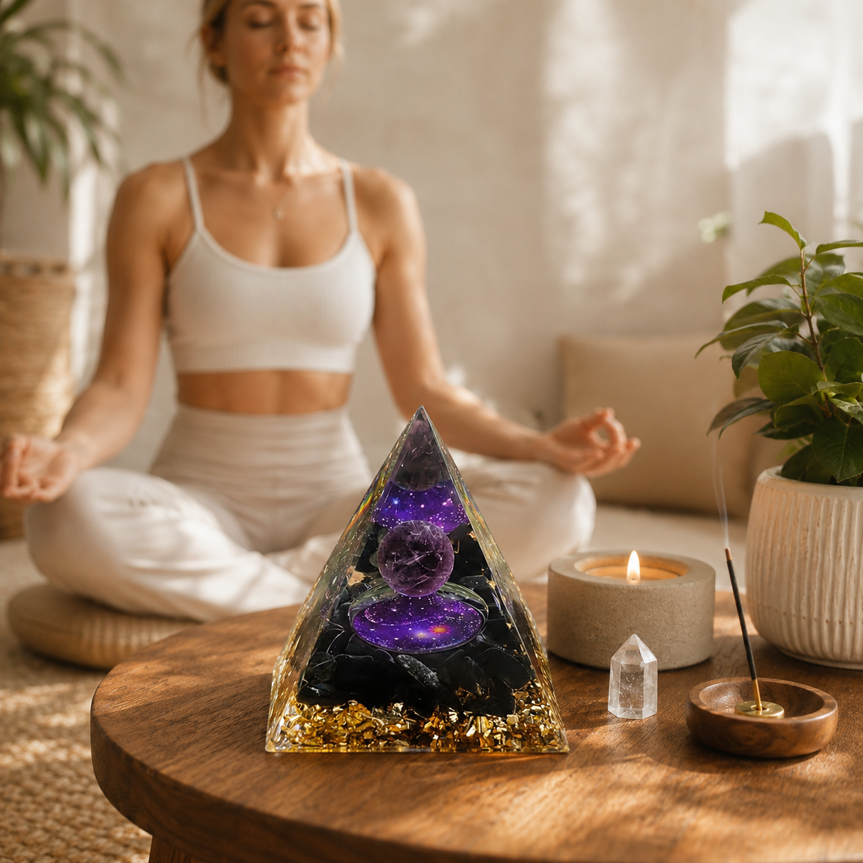 Purple Crystal Pyramid Decor, Resin Orgonite Style Pyramid with Gold Foil for Desk, Meditation Room & Home Decoration