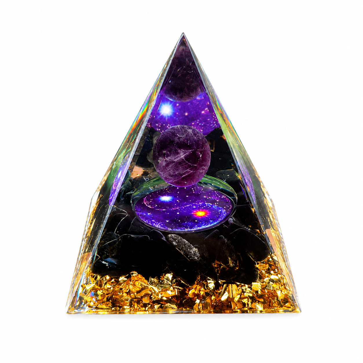 Purple Crystal Pyramid Decor, Resin Orgonite Style Pyramid with Gold Foil for Desk, Meditation Room & Home Decoration