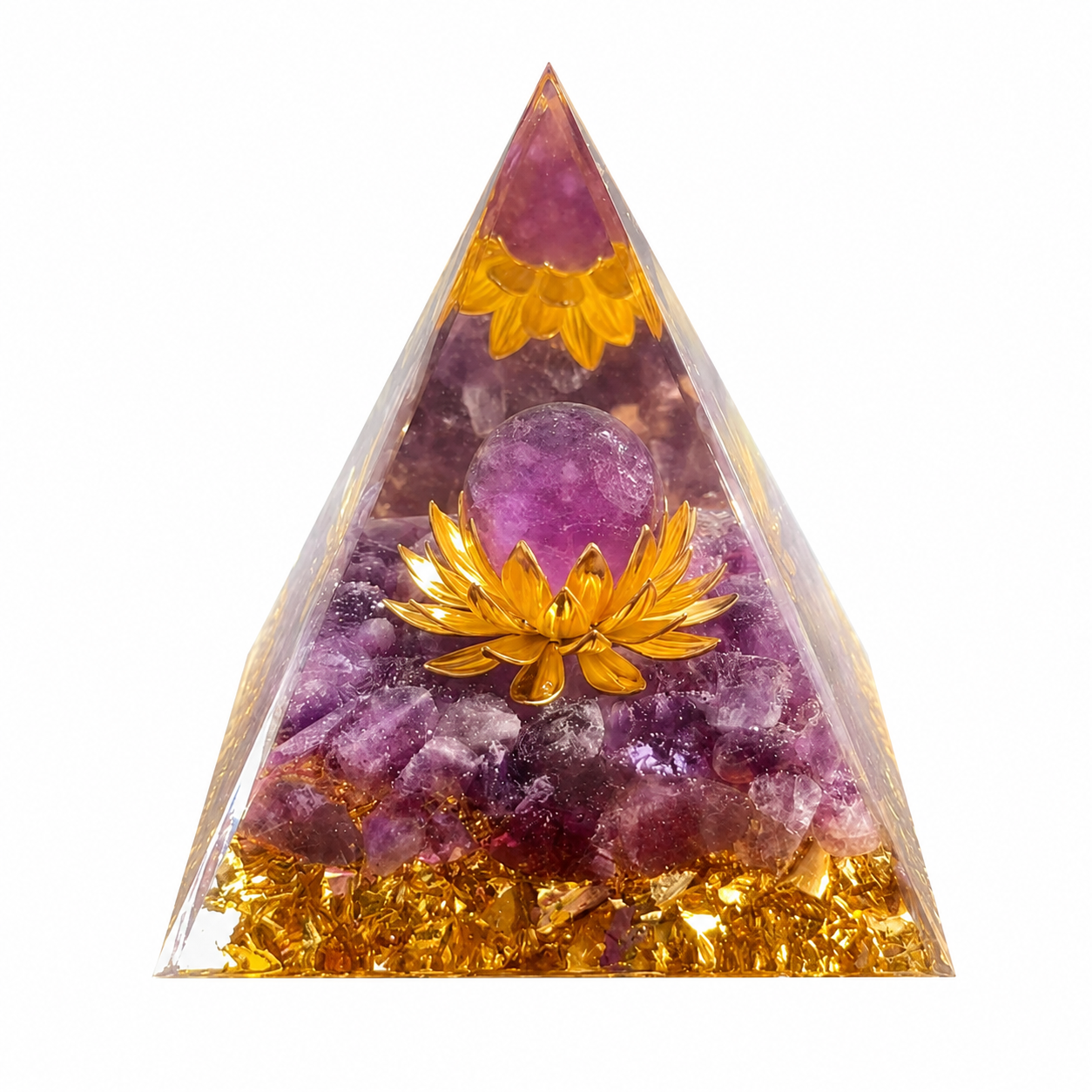 Purple Crystal Pyramid Decor, Resin Orgonite Style Pyramid with Gold Foil for Desk, Meditation Room & Home Decoration