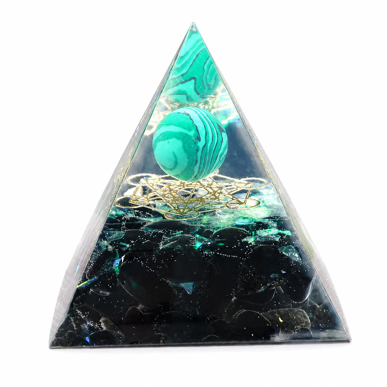 Purple Crystal Pyramid Decor, Resin Orgonite Style Pyramid with Gold Foil for Desk, Meditation Room & Home Decoration