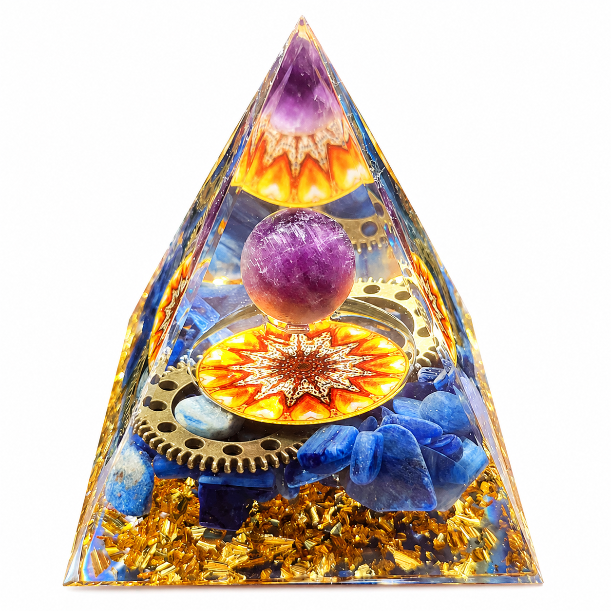 Purple Crystal Pyramid Decor, Resin Orgonite Style Pyramid with Gold Foil for Desk, Meditation Room & Home Decoration