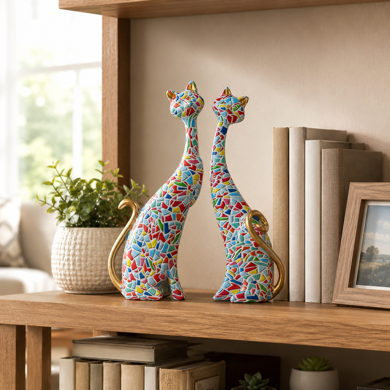 Colorful Mosaic Cat Figurines Set of 2