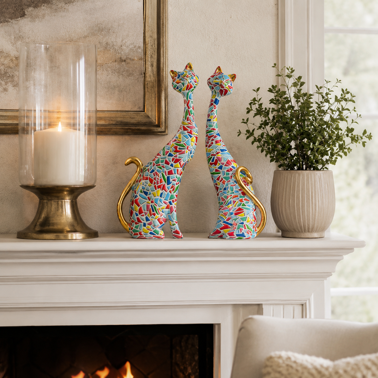 Colorful Mosaic Cat Figurines Set of 2